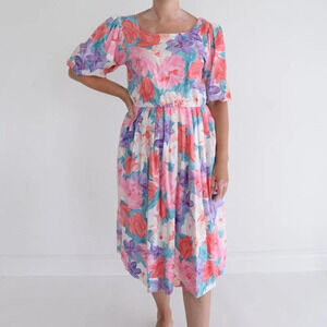 Vintage Willi Of California Pink  Purple Floral Puff Sleeve Pleated Midi Dress 8